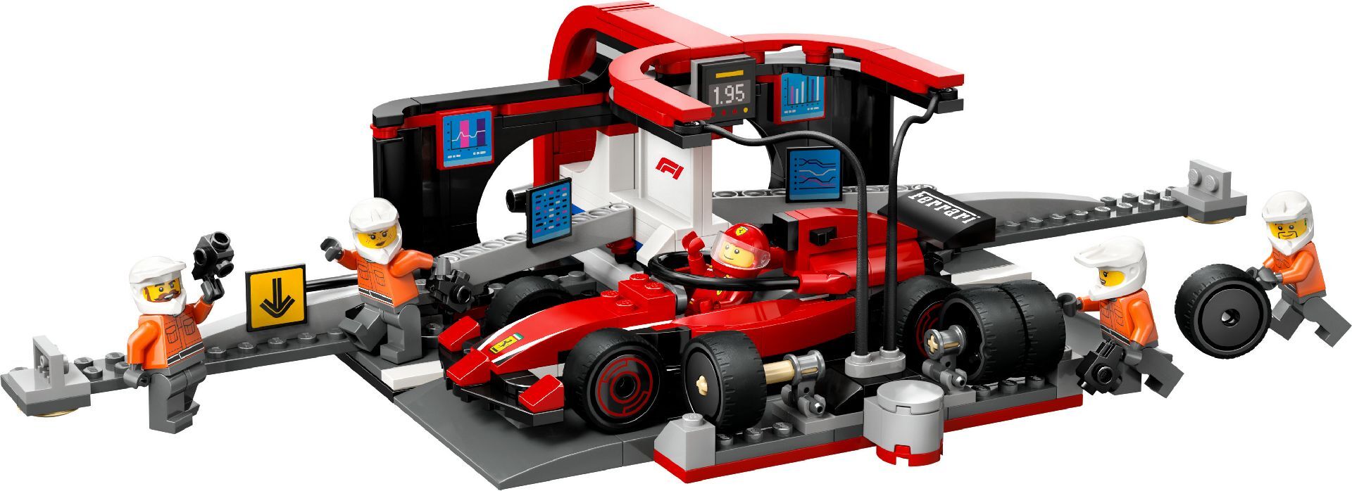 محطة خدمة F1® والطاقم مع سيارة Ferrari من LEGO®
